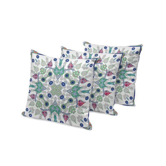 Set of Three 16" X 16" Blue and Off White Blown Seam Paisley Indoor Outdoor Throw Pillow