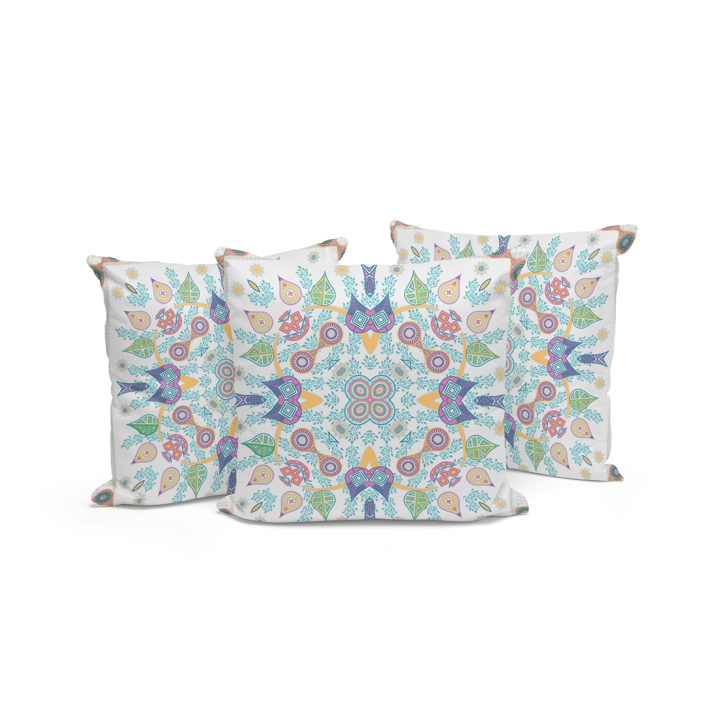 Set of Three 16" X 16" Yellow and White Blown Seam Paisley Indoor Outdoor Throw Pillow