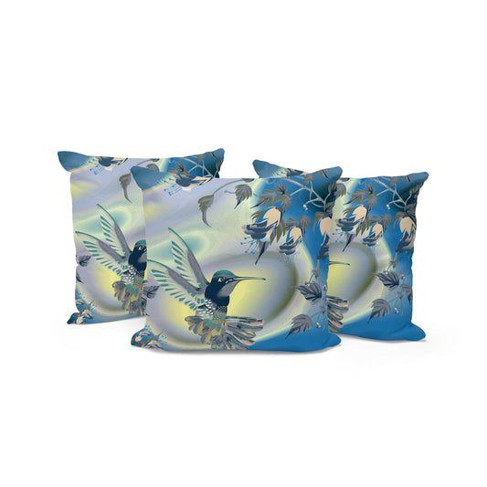 Set of Three 16" X 16" Blue and Yellow Bird Blown Seam Floral Indoor Outdoor Throw Pillow