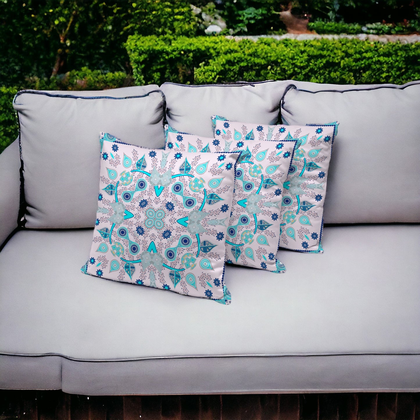 Set of Three 16" X 16" Blue and Pink Blown Seam Paisley Indoor Outdoor Throw Pillow