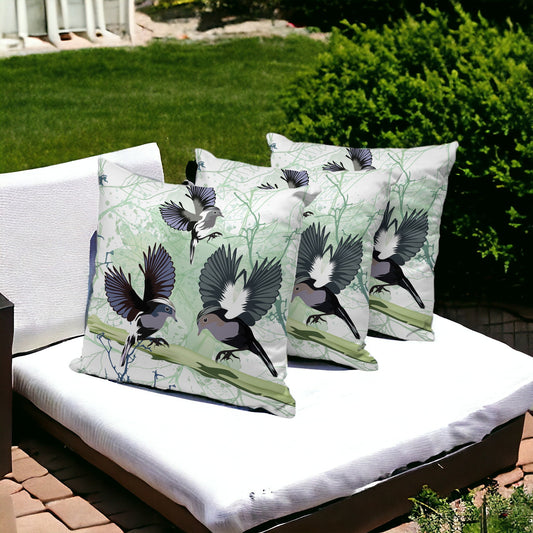 Set of Three 16" X 16" Green and White Bird Blown Seam Eclectic Indoor Outdoor Throw Pillow