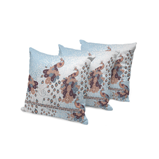 Set of Three 16" X 16" Blue and Brown Peacock Blown Seam Animal Print Indoor Outdoor Throw Pillow