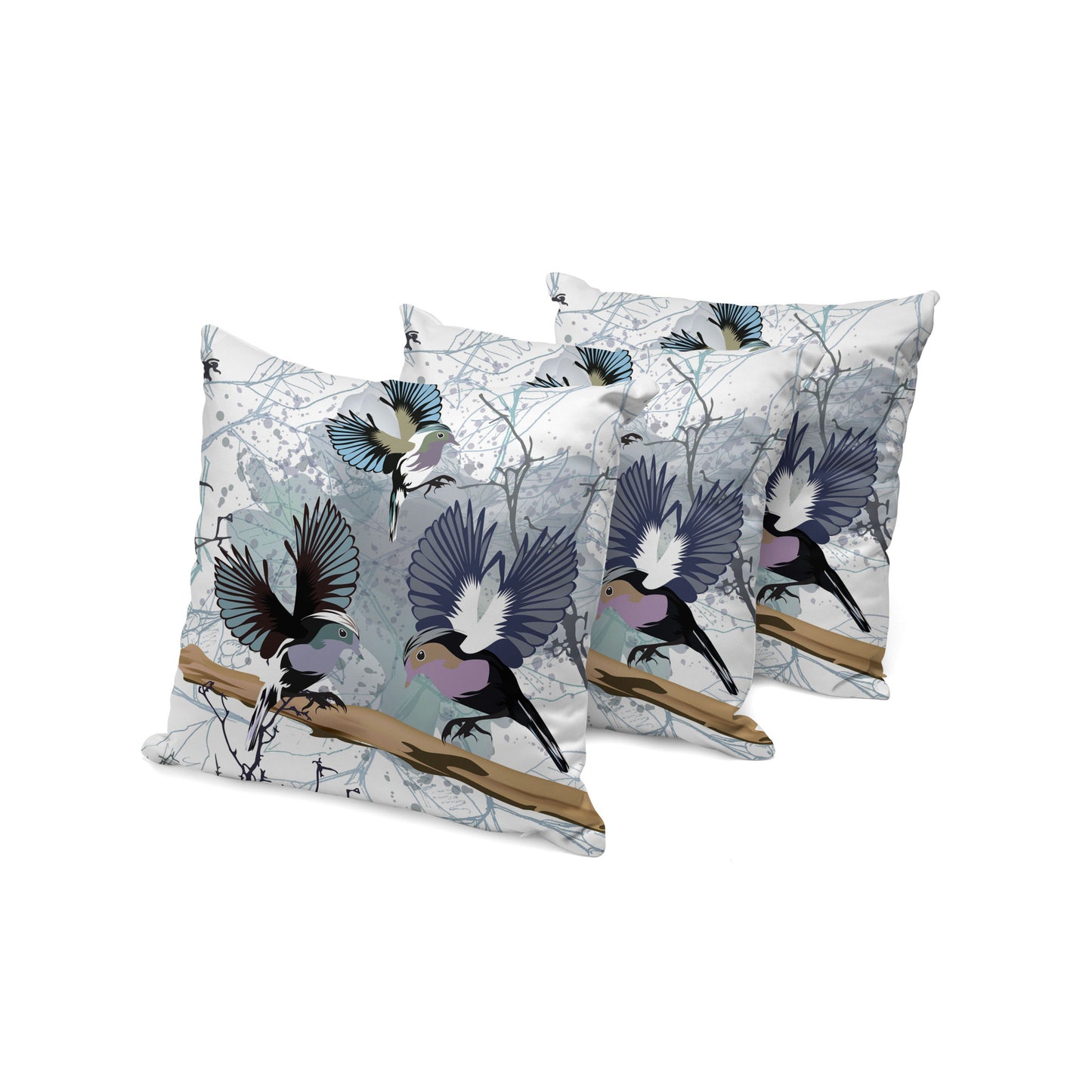 Set of Three 16" X 16" Black Gray and White Bird Blown Seam Eclectic Indoor Outdoor Throw Pillow