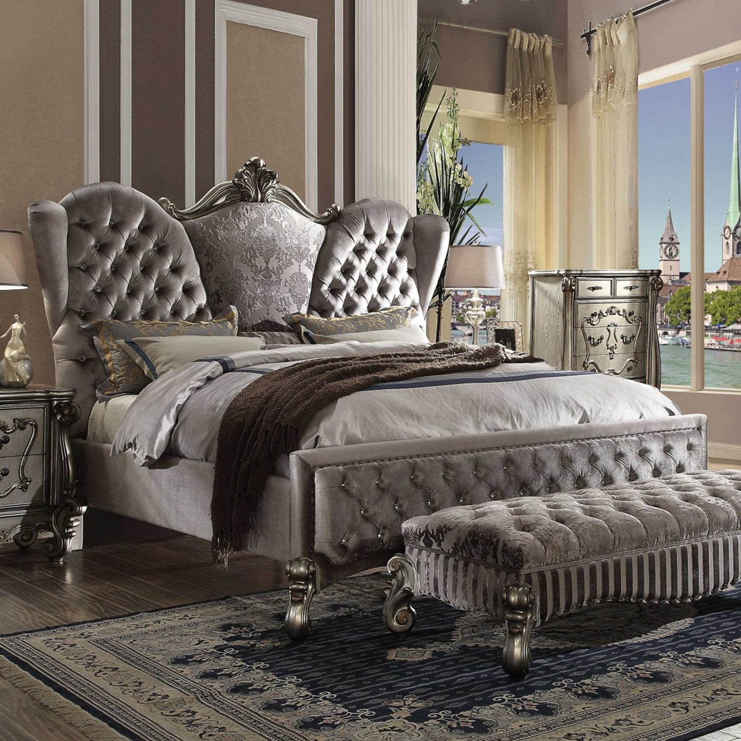 King Tufted Gray Upholstered Velvet Bed With Nailhead Trim