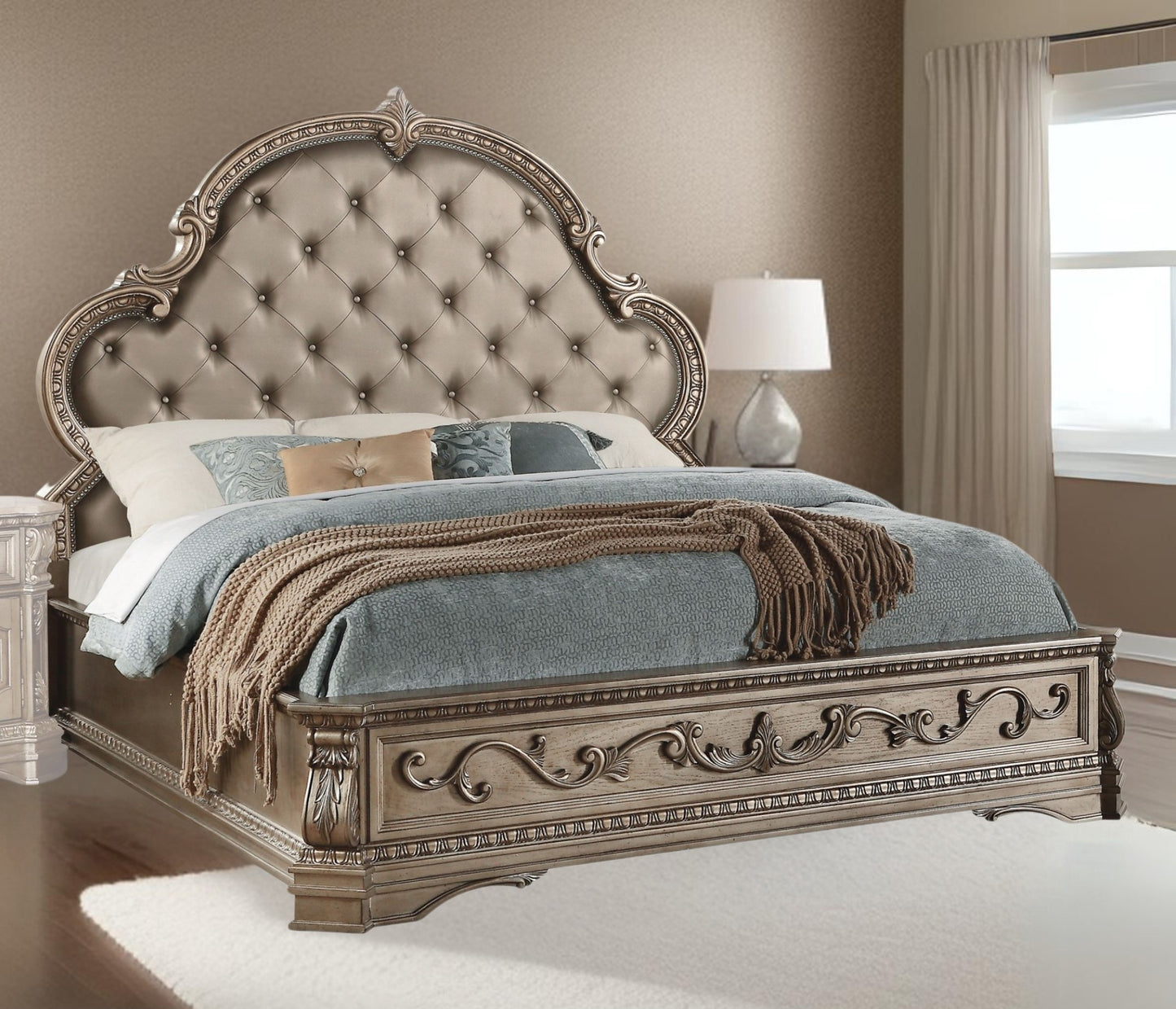 Solid Wood King Tufted Champagne Upholstered Faux Leather Bed With Nailhead Trim