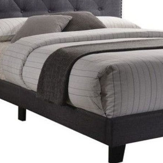 Queen Tufted Gray Upholstered Linen Bed With Nailhead Trim