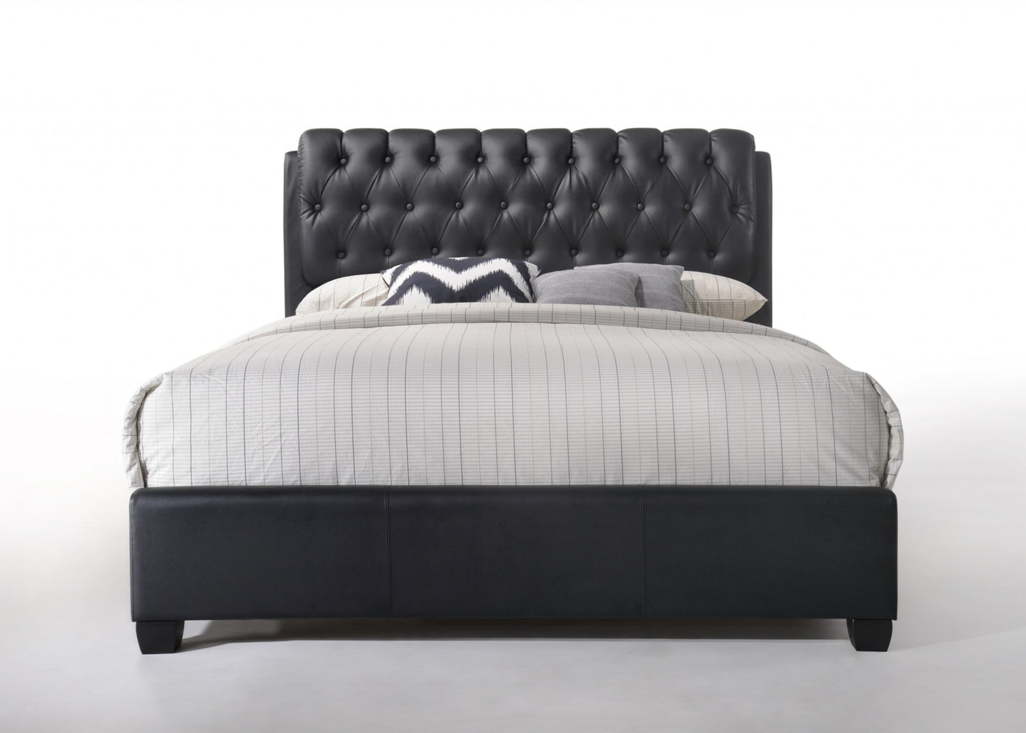 Queen Tufted Black Upholstered Faux Leather Bed With Nailhead Trim