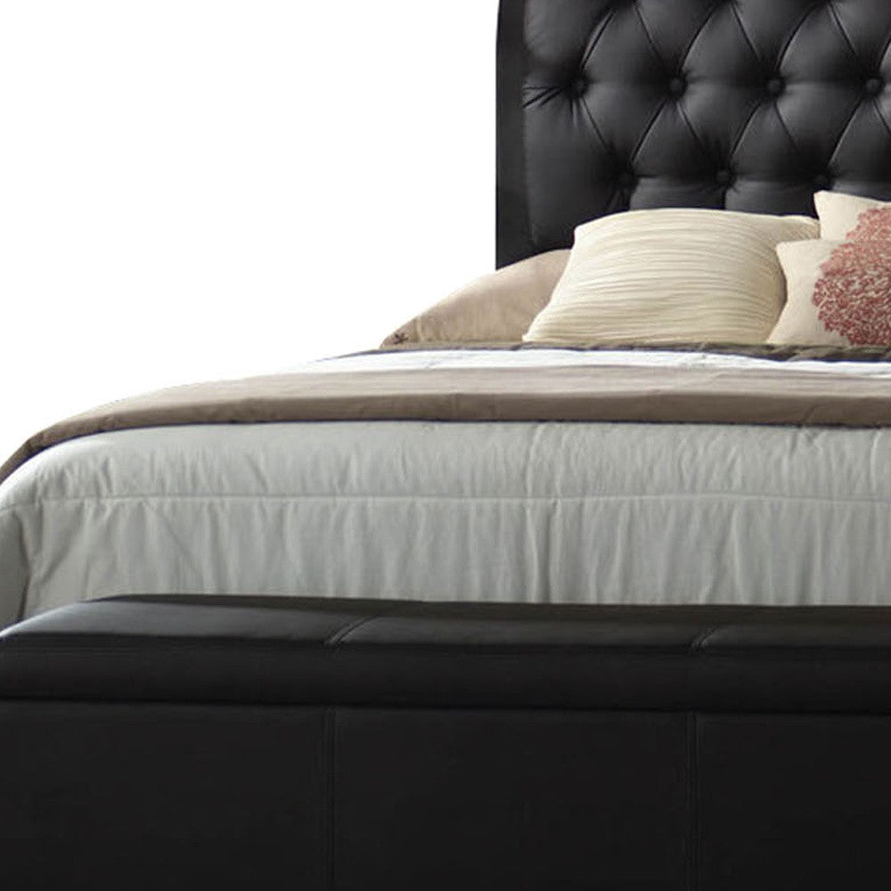 Queen Tufted Black Upholstered Faux Leather Bed With Nailhead Trim