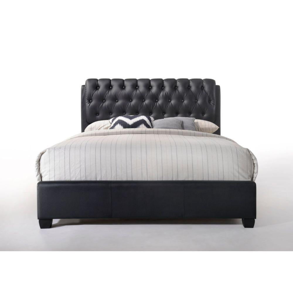 Queen Tufted Black Upholstered Faux Leather Bed With Nailhead Trim