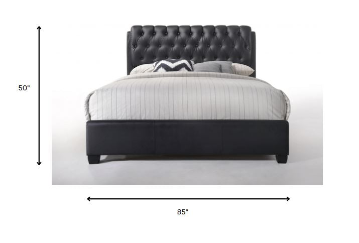 Queen Tufted Black Upholstered Faux Leather Bed With Nailhead Trim