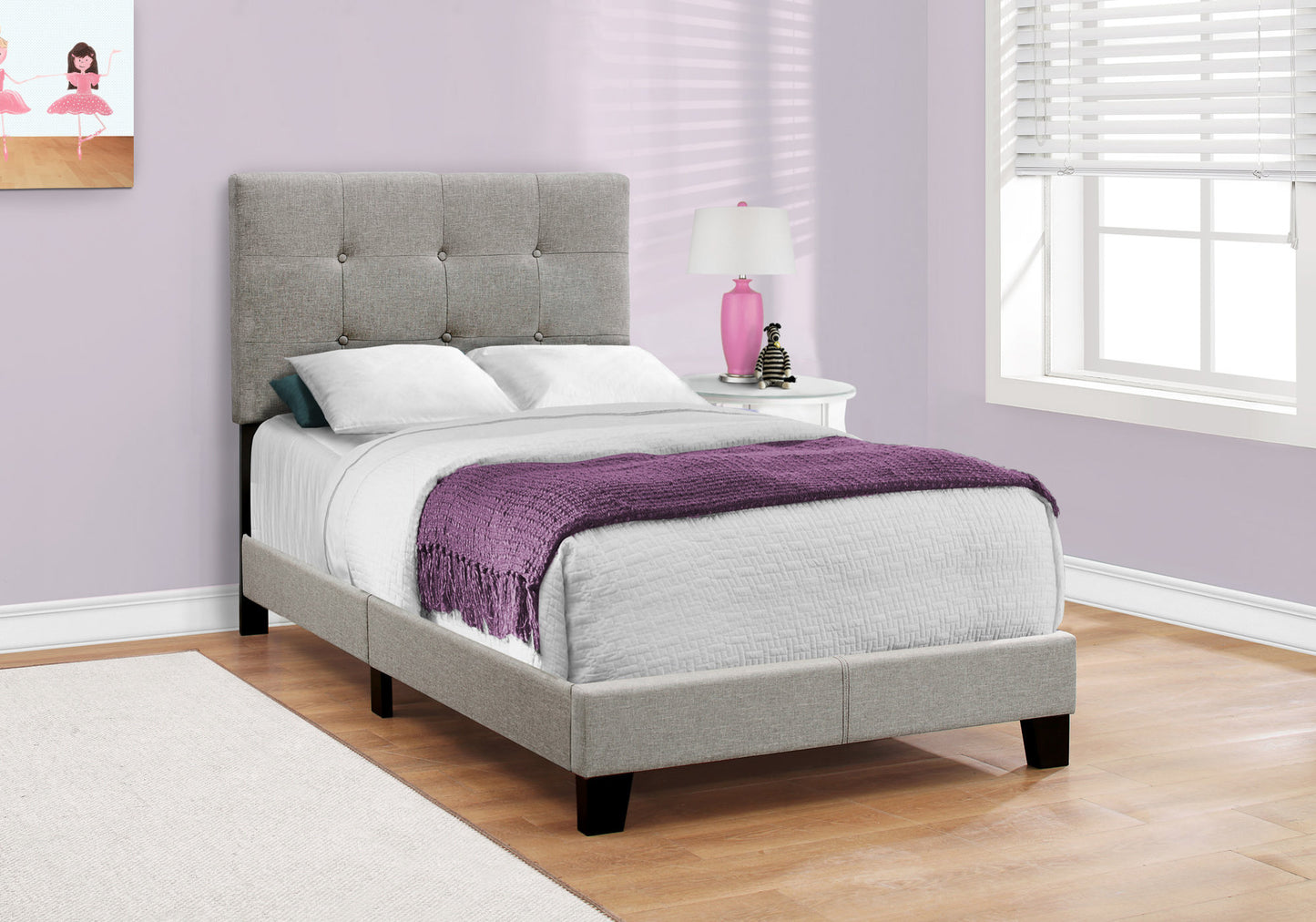 Twin Tufted Gray Upholstered Linen Bed With Nailhead Trim