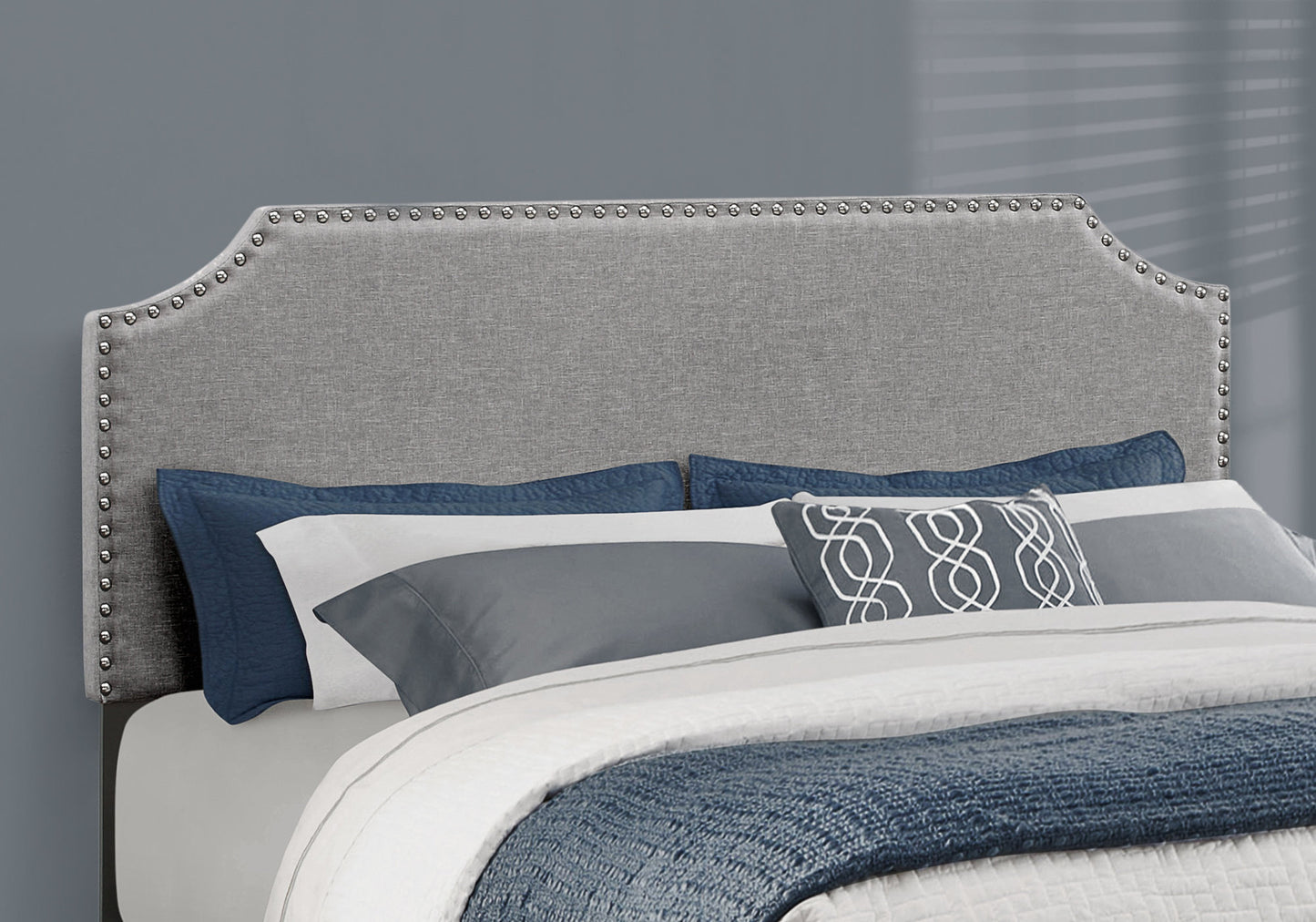 Gray Standard Bed Upholstered With Nailhead Trim And With Headboard