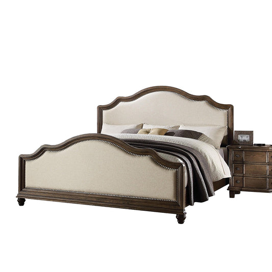 Queen Beige Upholstered Linen Bed With Nailhead Trim