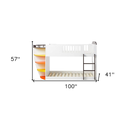 100" X 41" X 57" White And Chocolate Twin Over Twin Bunk Bed With Storage Shelf