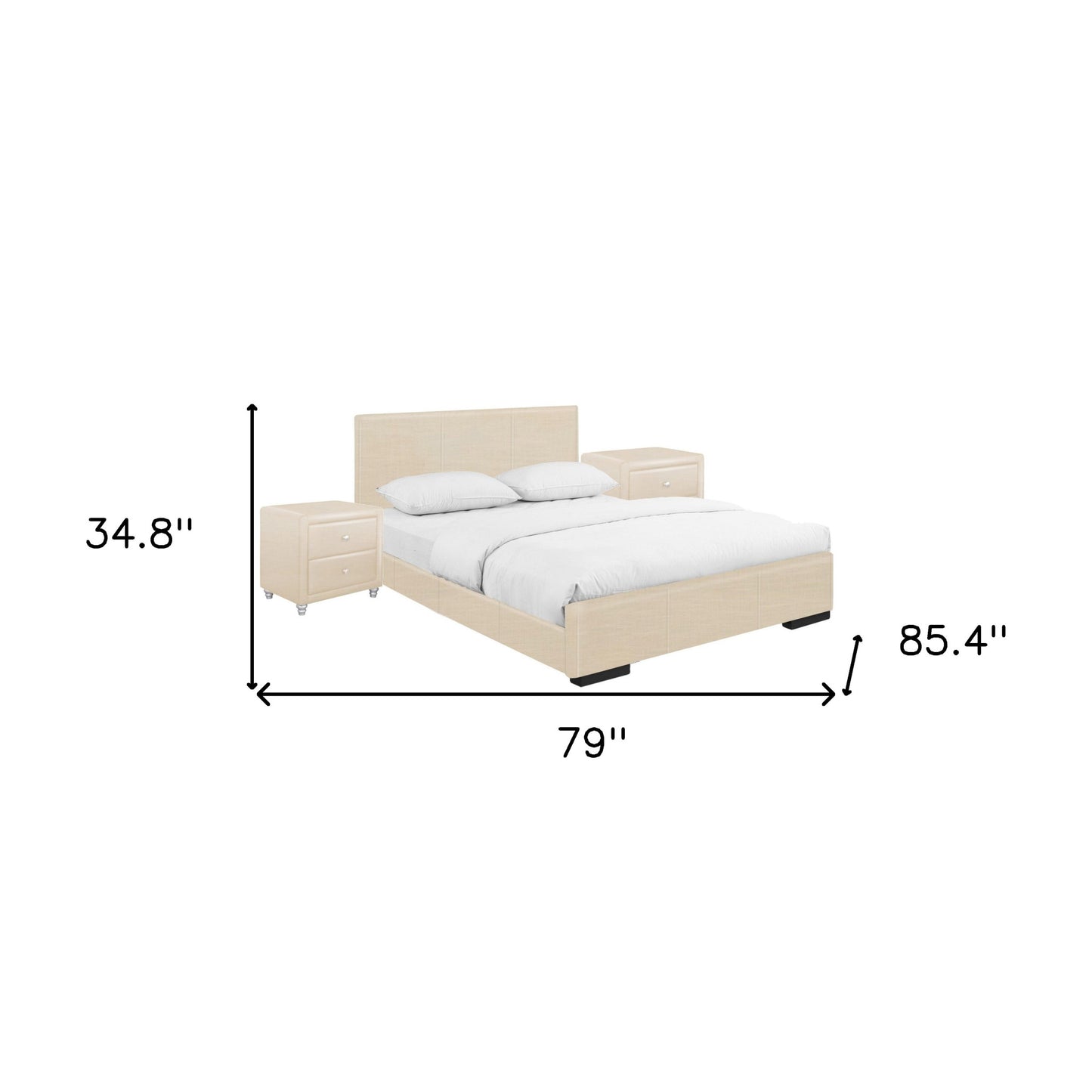 Beige Upholstered Platform King Bed with Two Nightstands