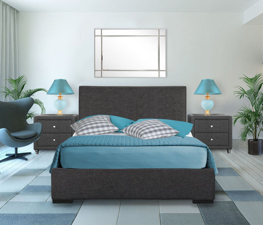 Grey Upholstered Platform Queen Bed with Two Nightstands