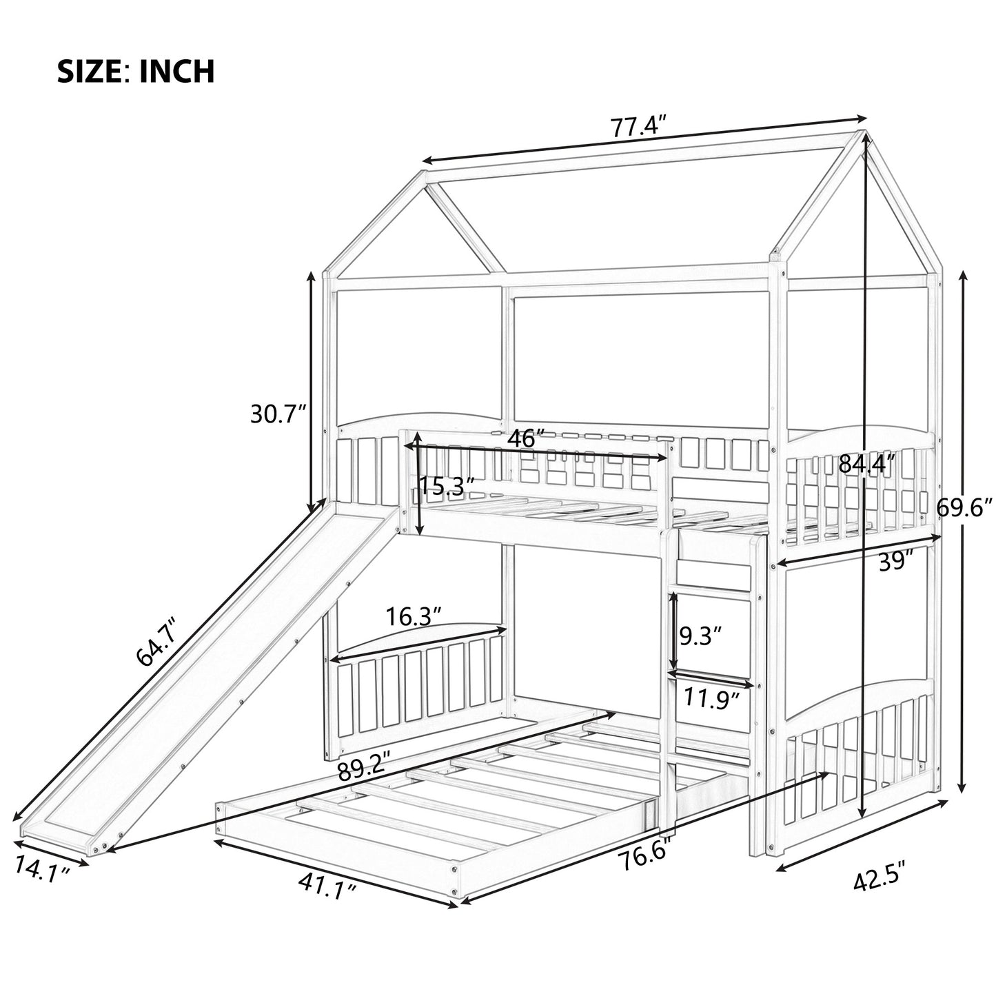 Gray Playhouse Frame Full Over Full Perpendicular Bunk Bed with Slide