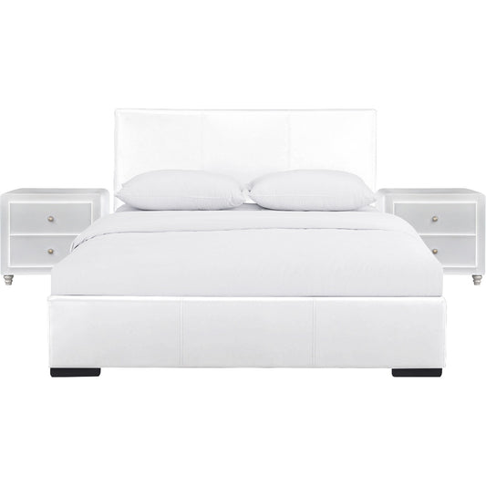 White Upholstered Platform King Bed with Two Nightstands