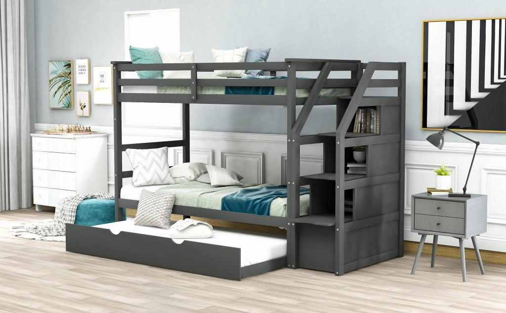 Gray Twin Over Twin Bunk Bed with Trundle