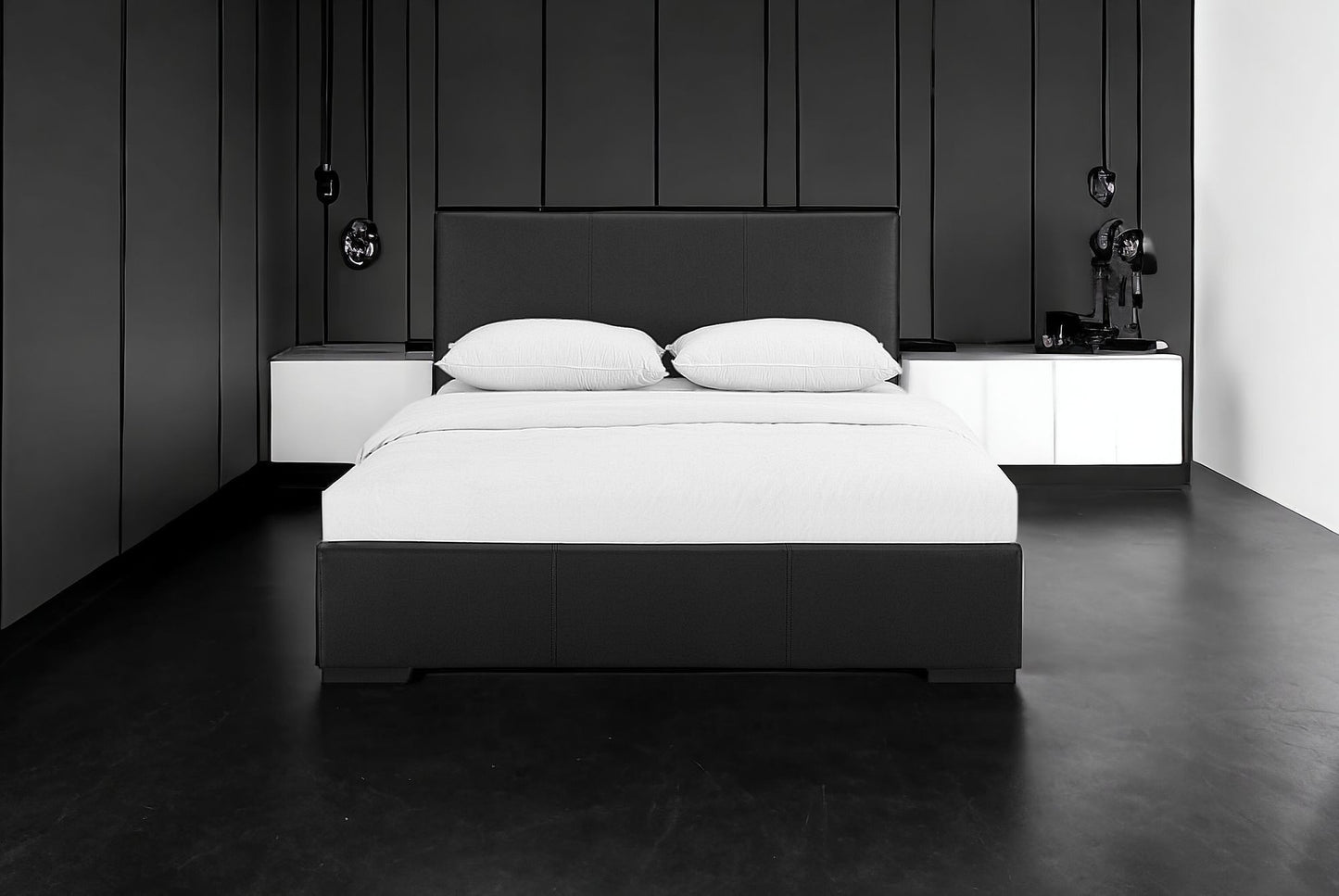 Black Upholstered Queen Platform Bed