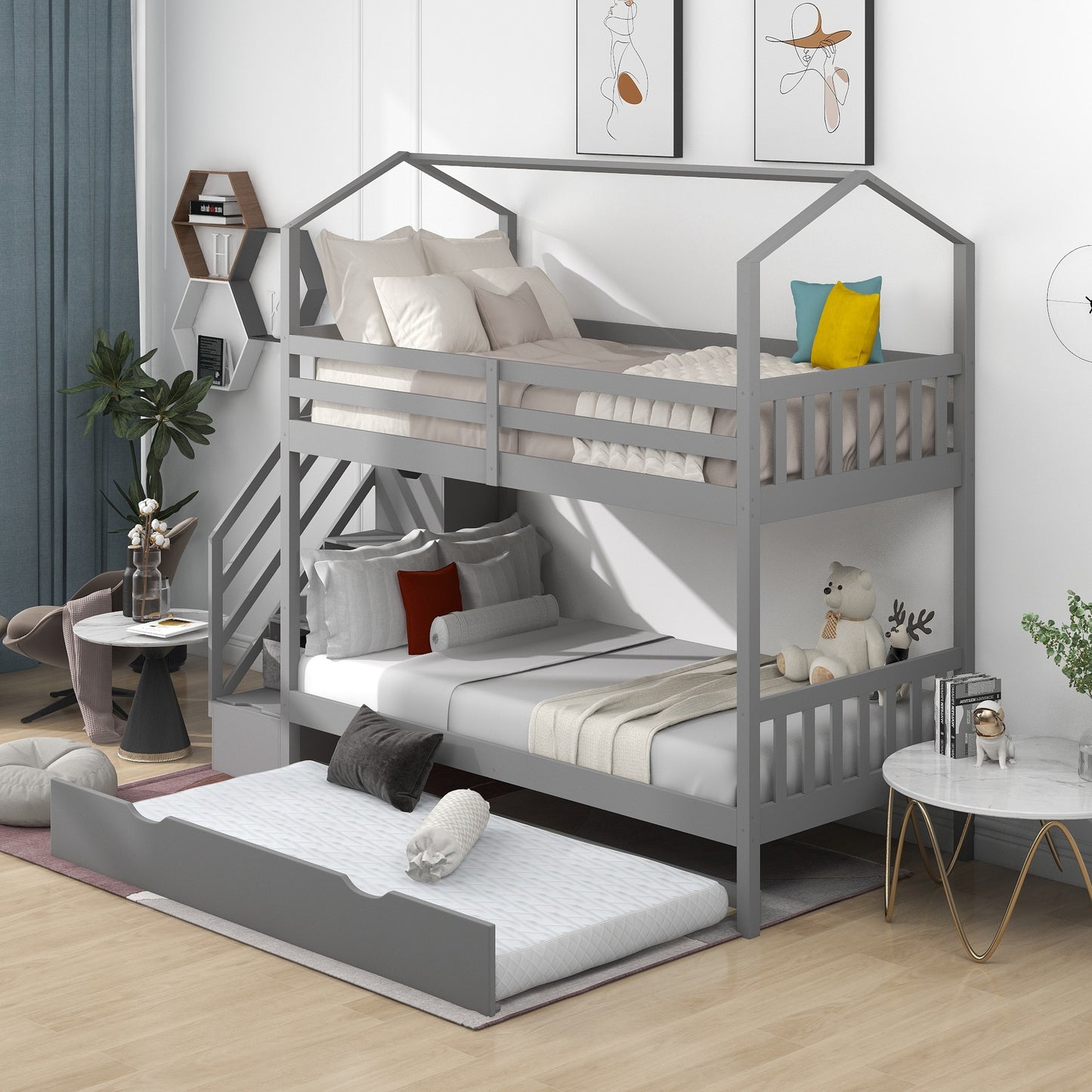 Gray Twin Over Twin Playhouse Bunk Bed with Trundle and Staircase