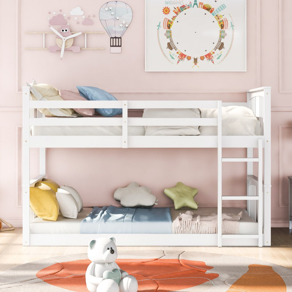 White Classic Twin Over Twin Bunk Bed with Ladder