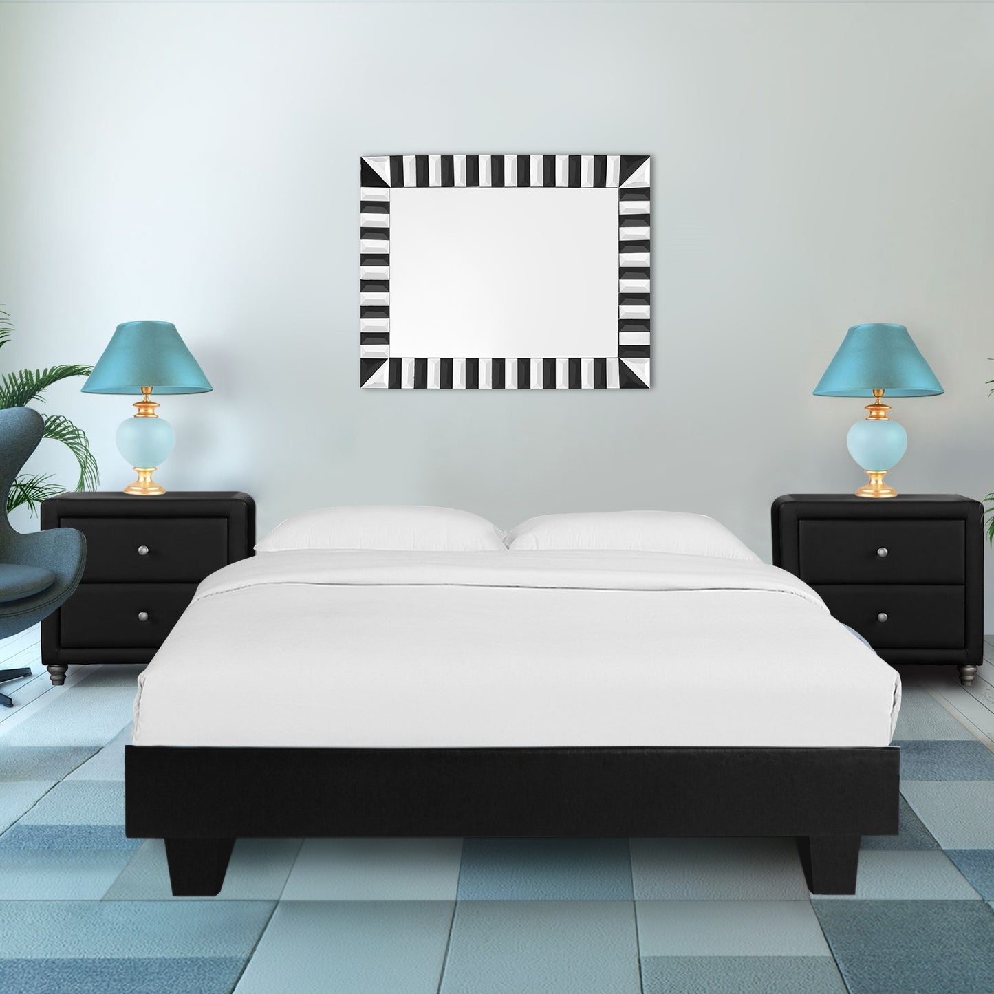 Black Platform King Bed with Two Nightstands