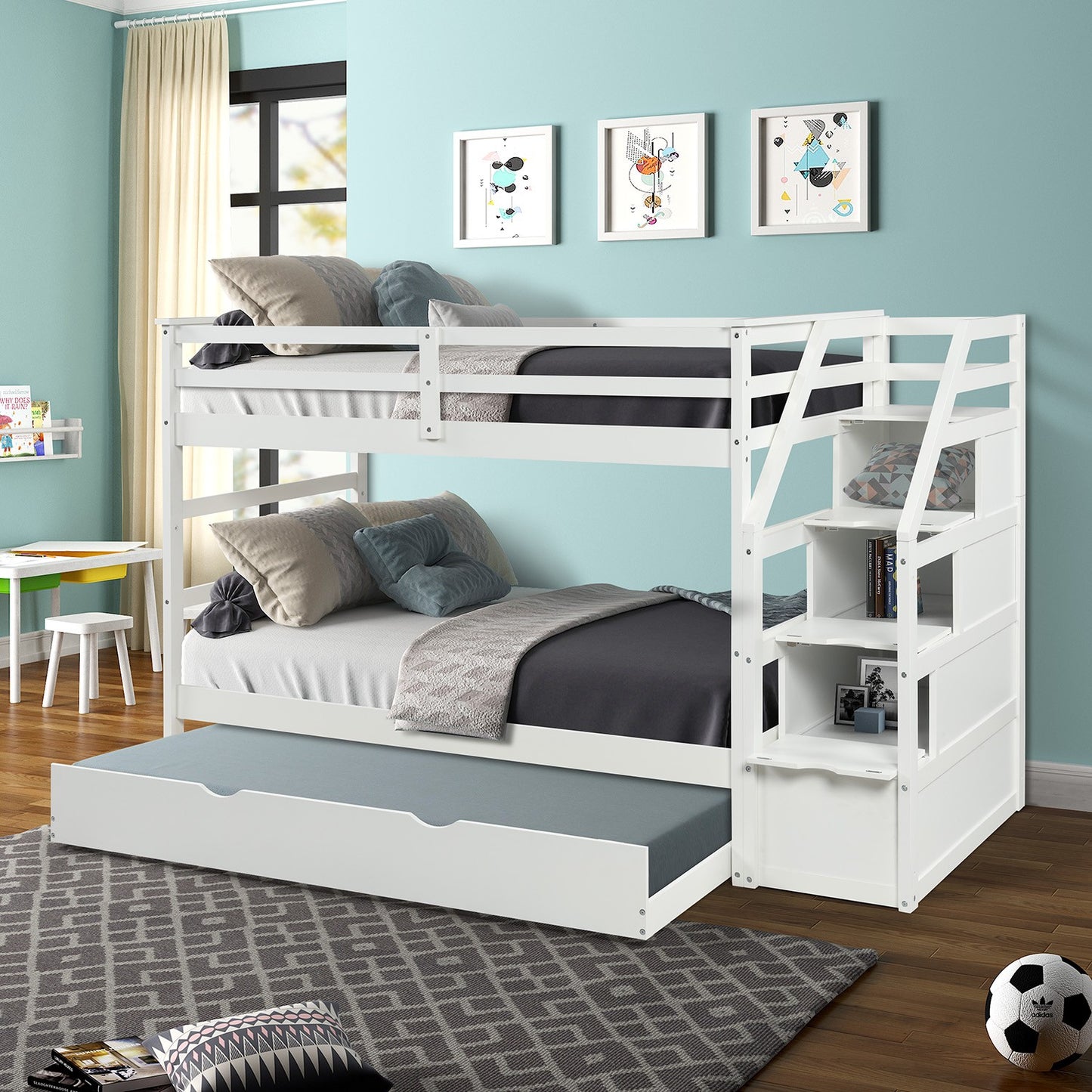 White Twin Over Twin Bunk Bed with Trundle