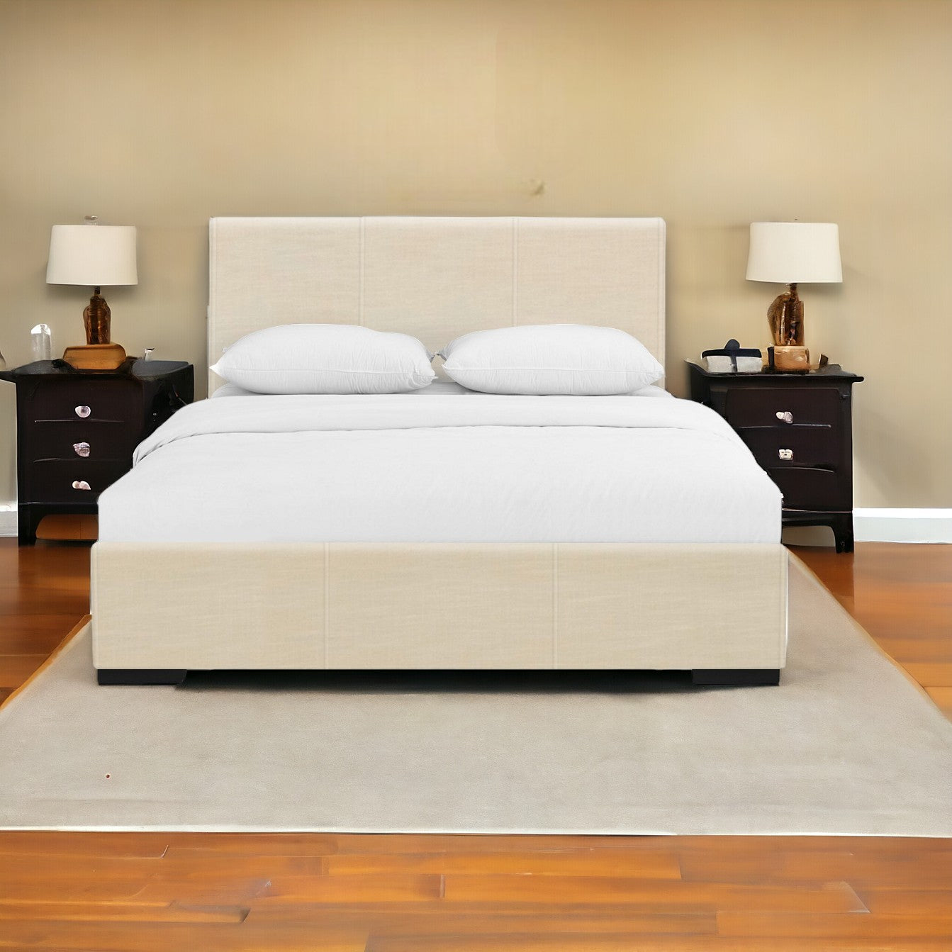 Beige Upholstered Twin Platform Bed