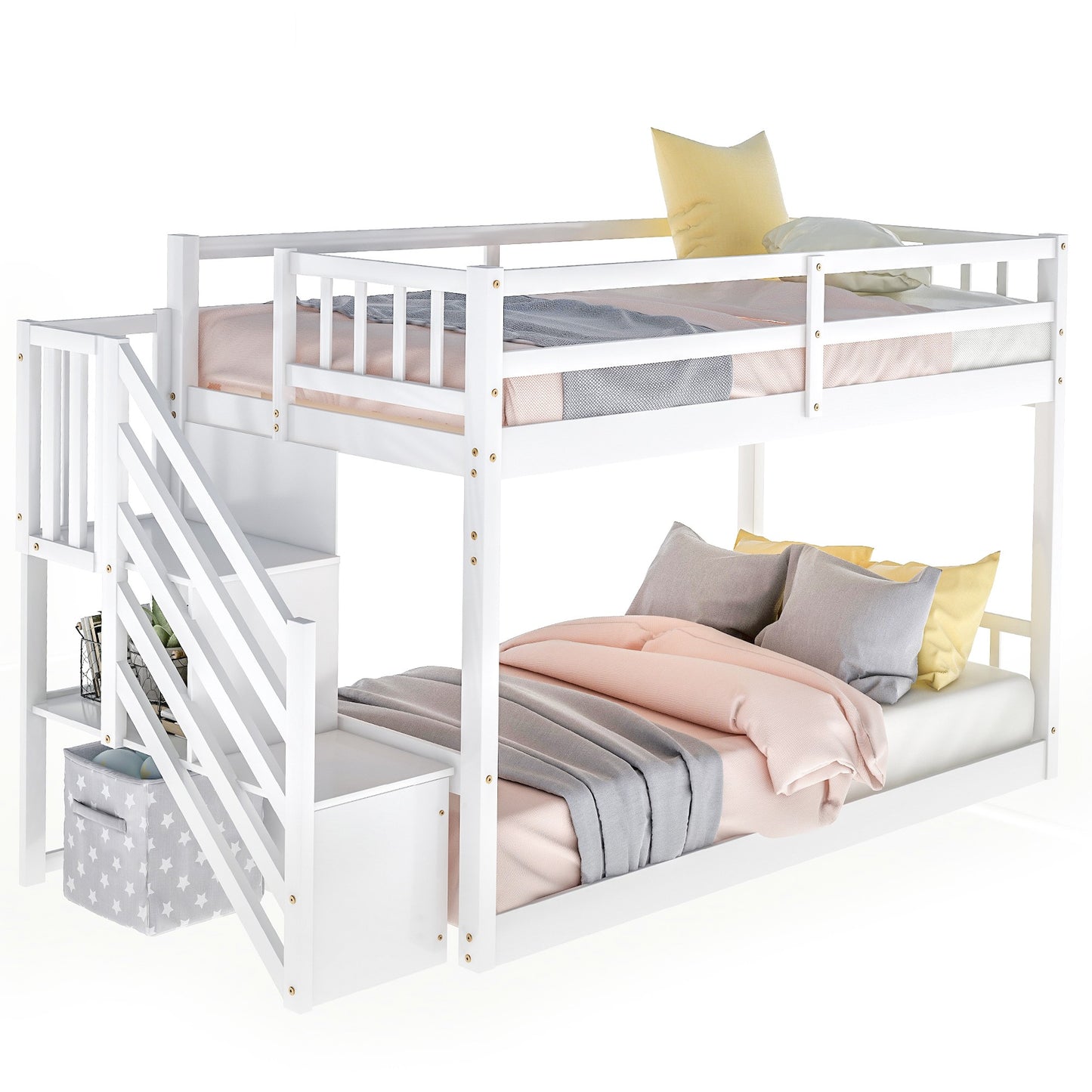 White Twin Over Twin Staircase Bunk Bed