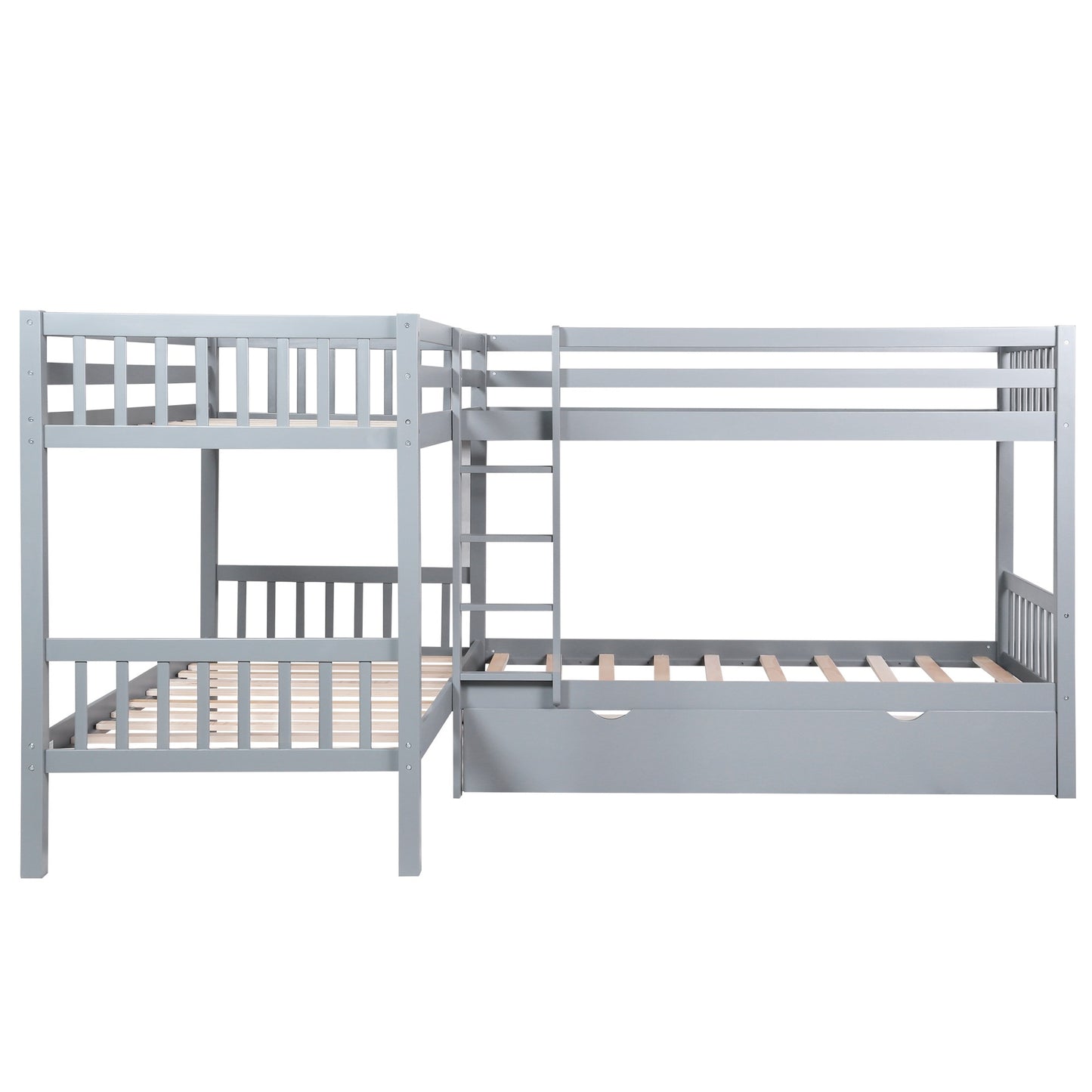 Gray Twin Size L Shaped Double Bunk Bed with Drawer