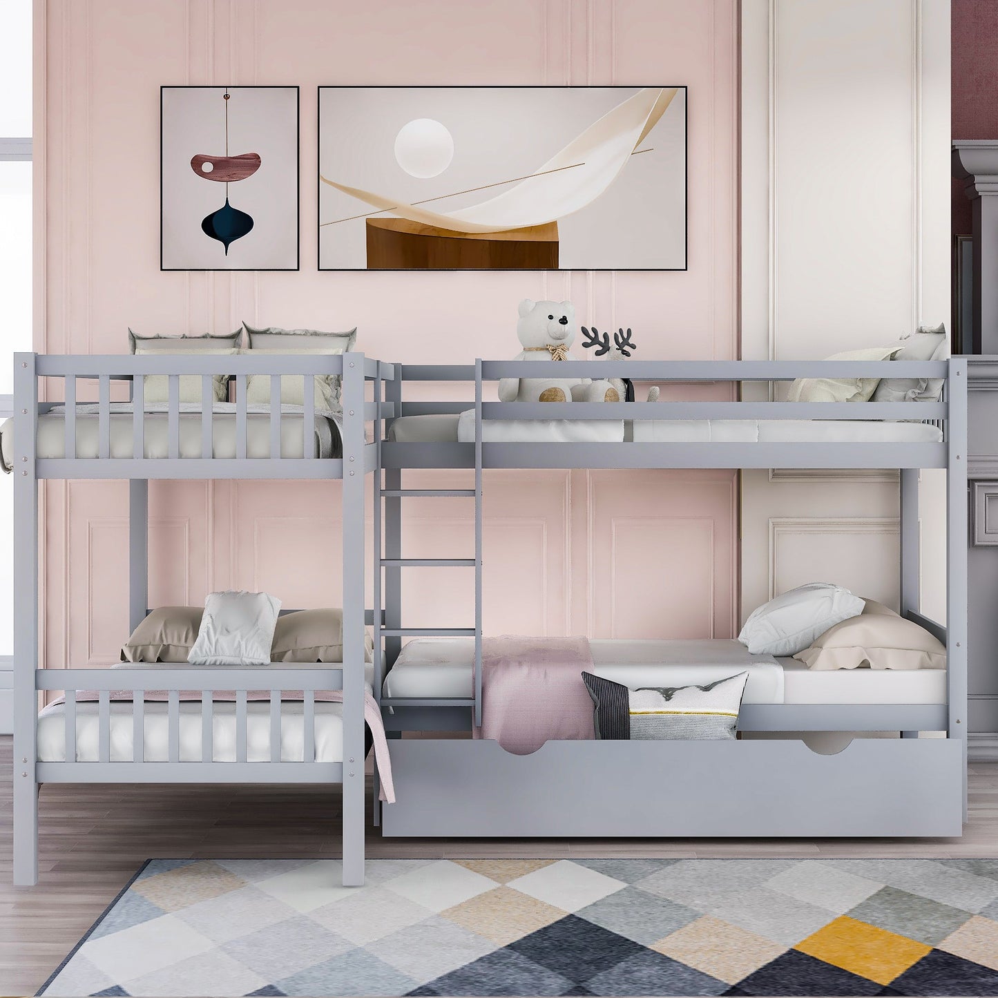 Gray Twin Size L Shaped Double Bunk Bed with Drawer