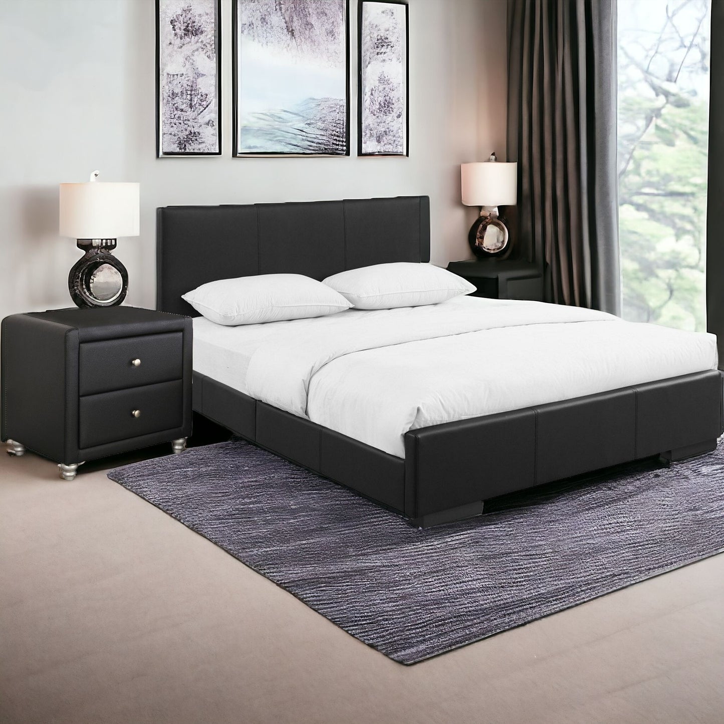 Black Upholstered Queen Platform Bed with Nightstand