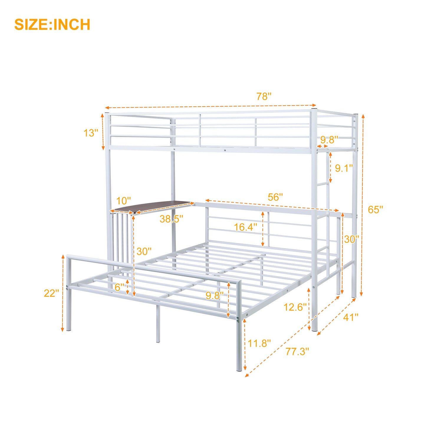 White Twin Over Full Size Metal Bunk Bed with Desk