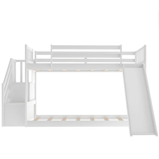 White Twin Over Twin Bunk Bed with Stairway and Slide