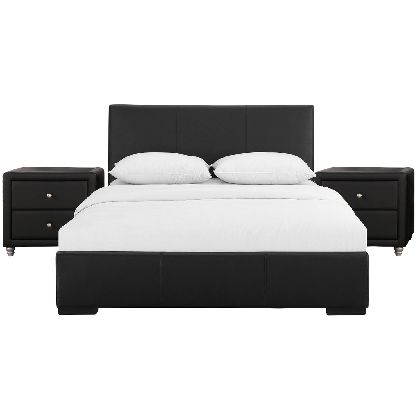 Black Upholstered Platform King Bed with Two Nightstands