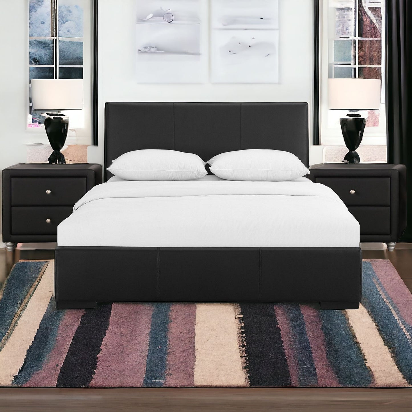 Black Upholstered Platform King Bed with Two Nightstands