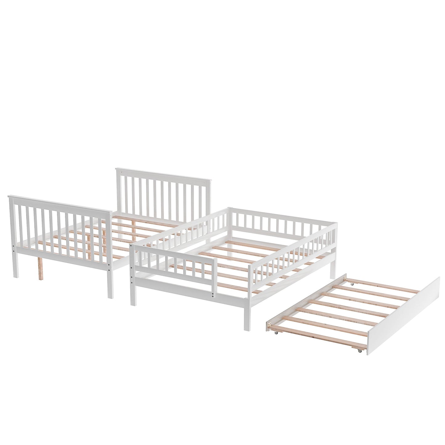 White Full Over Full Farmhouse Style Bunk Bed with Trundle and Staircase