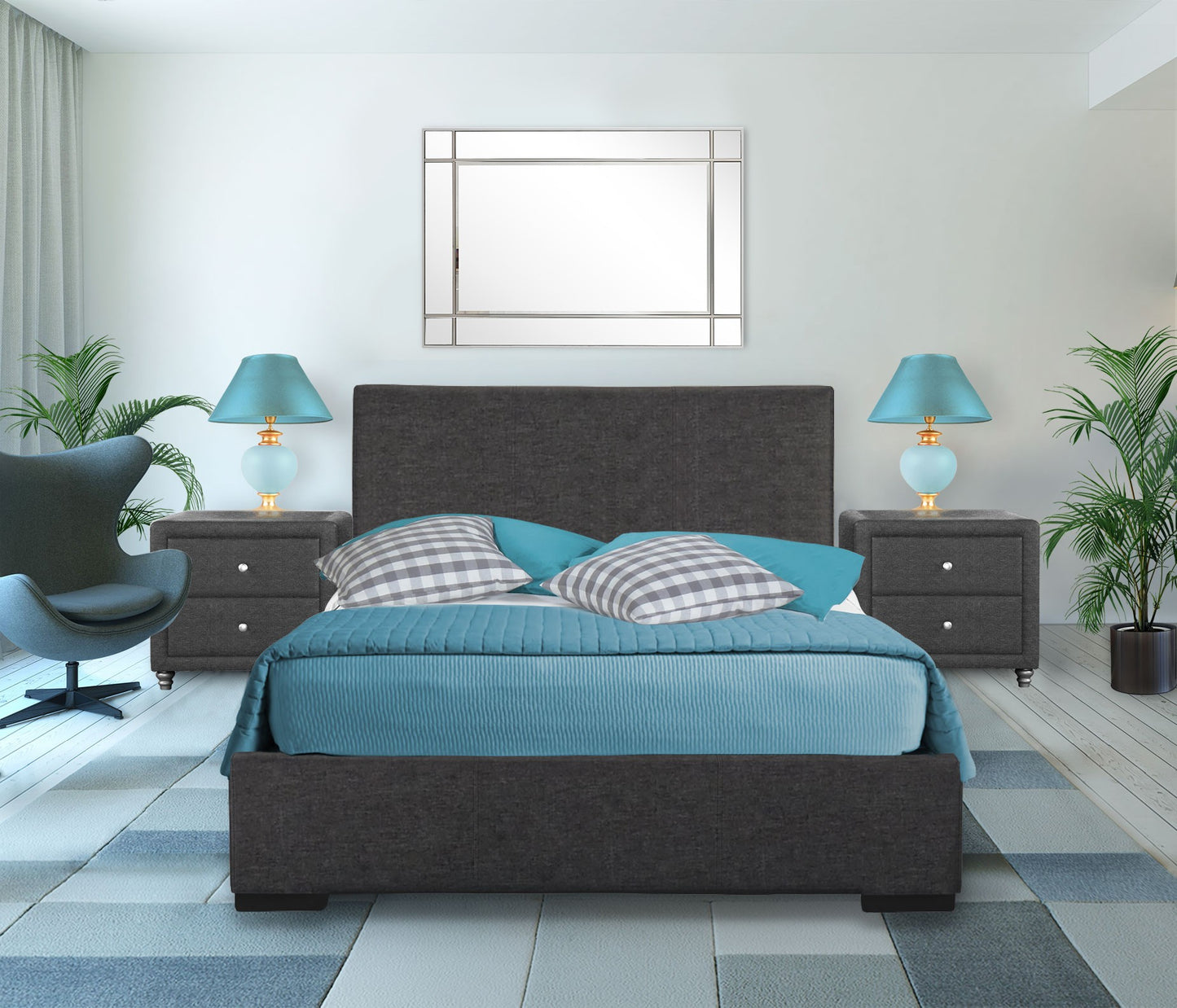 Grey Upholstered Platform King Bed with Two Nightstands