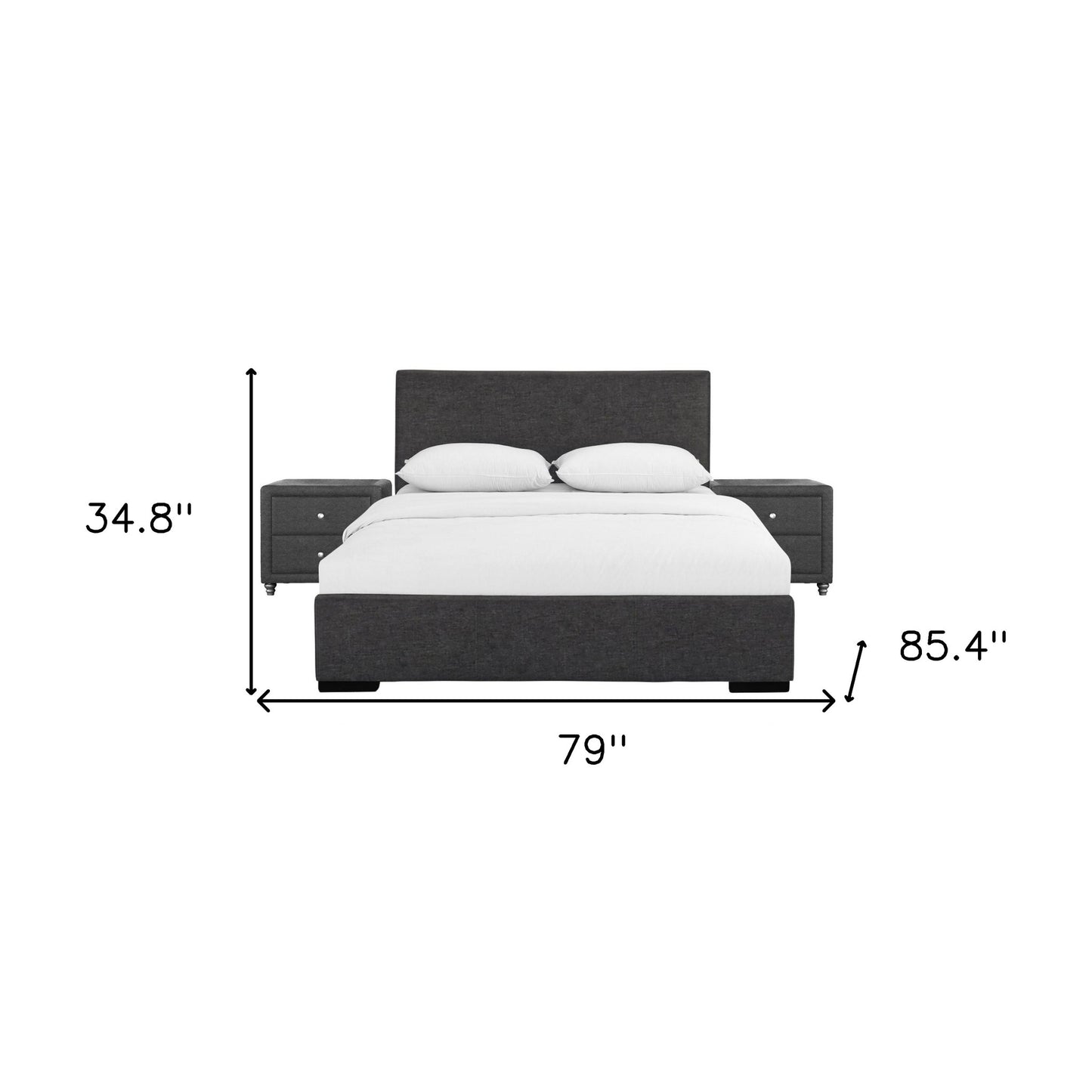 Grey Upholstered Platform King Bed with Two Nightstands