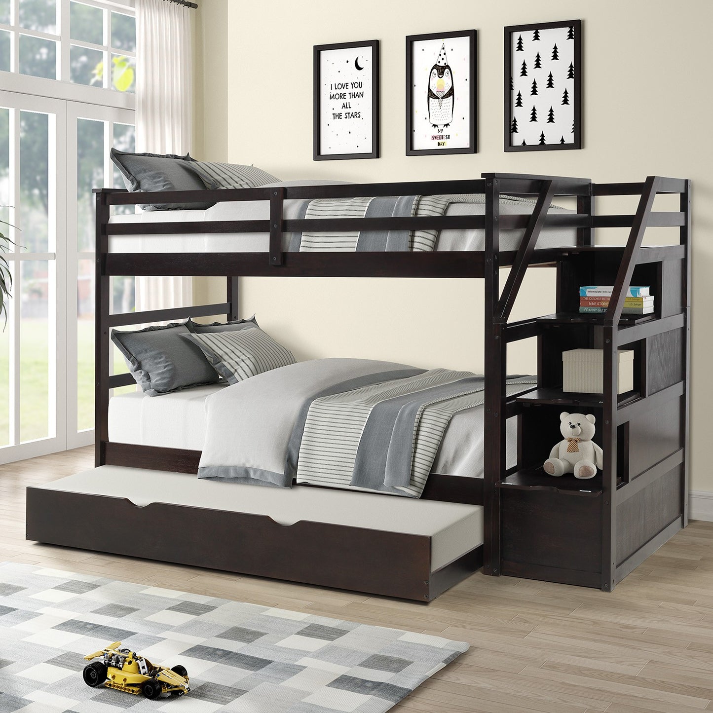 Brown Twin Over Twin Bunk Bed with Trundle