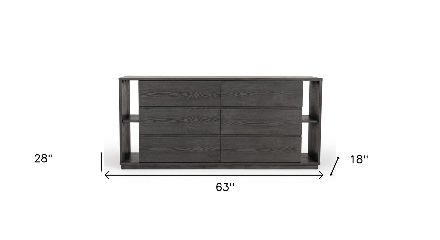 63" Grey Solid Wood Six Drawer Double Dresser