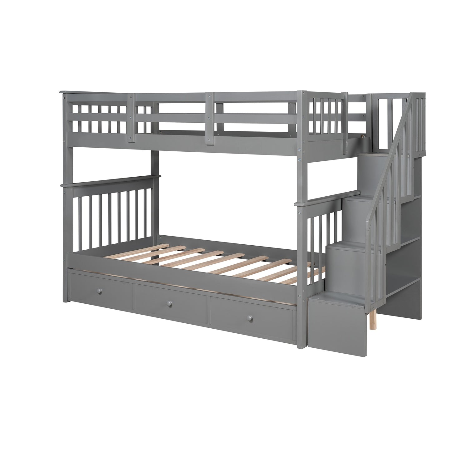 Gray Twin Over Twin Bunk Bed with Stairway and Drawers