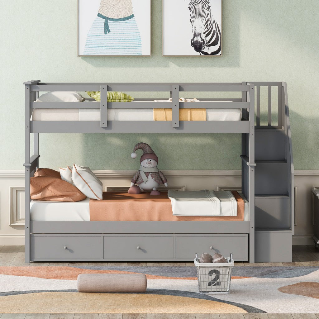 Gray Twin Over Twin Bunk Bed with Stairway and Drawers