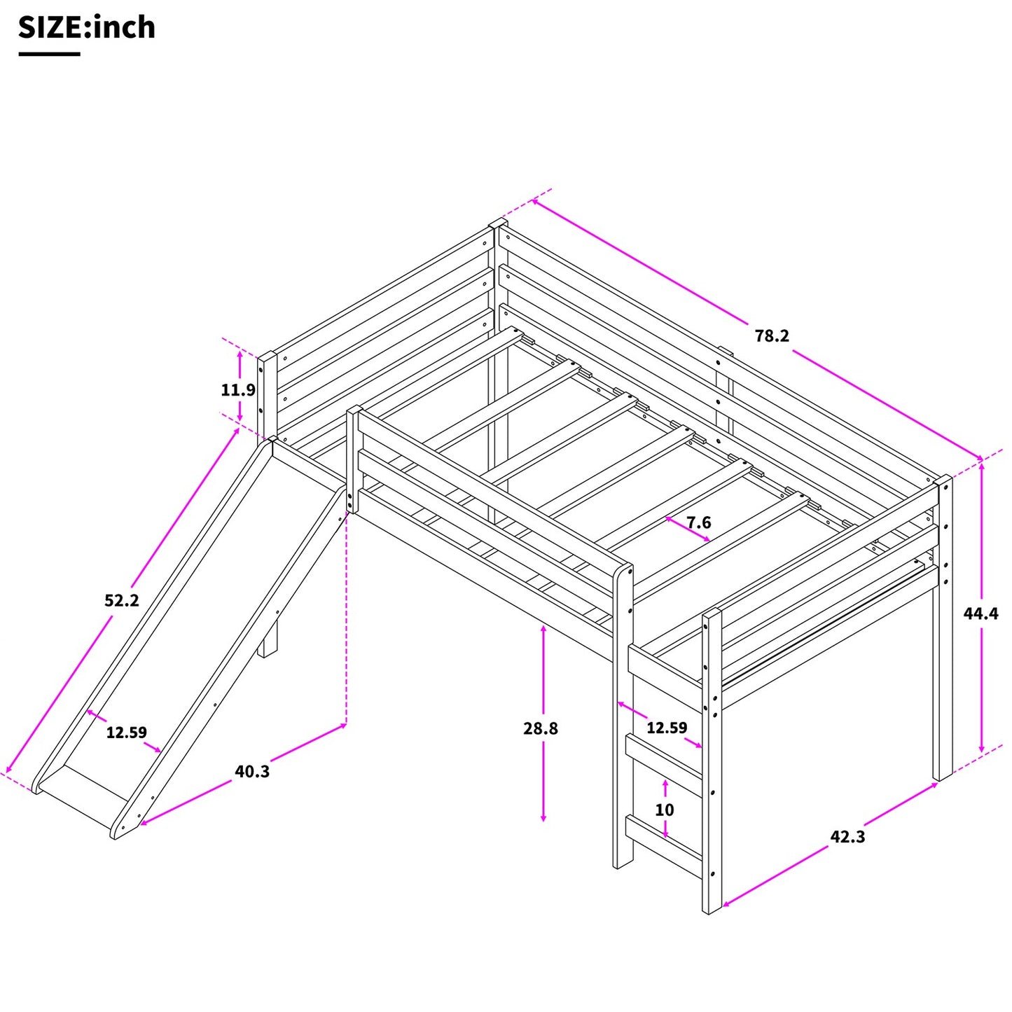 White Low Loft Bed With Slide