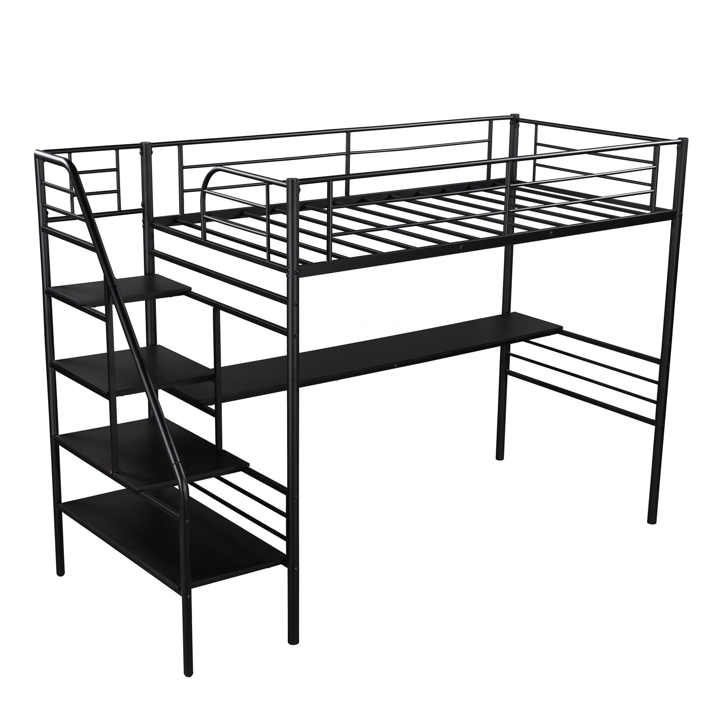 Mod Black Twin Size Metal Loft Bed with Desk and Stairs