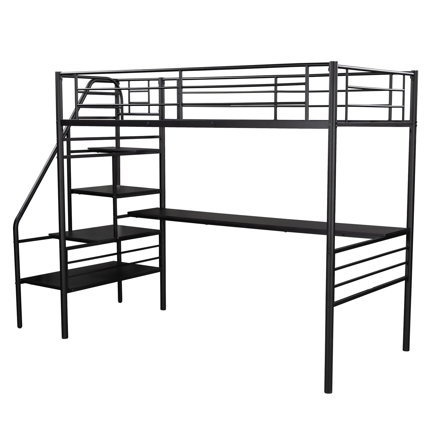 Mod Black Twin Size Metal Loft Bed with Desk and Stairs