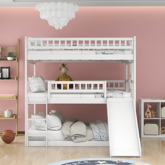 White Full Over Full Over Full Contemporary Bunk Bed With Slide