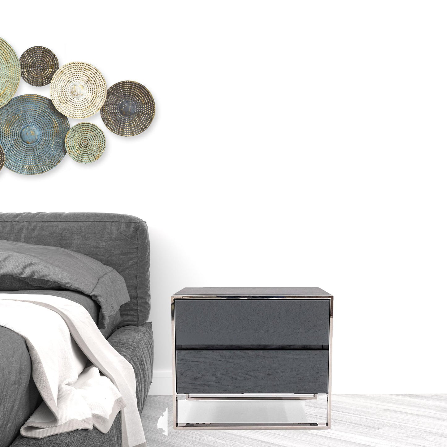 Modern Gray and Stainless Steel Nightstand With Two Drawers