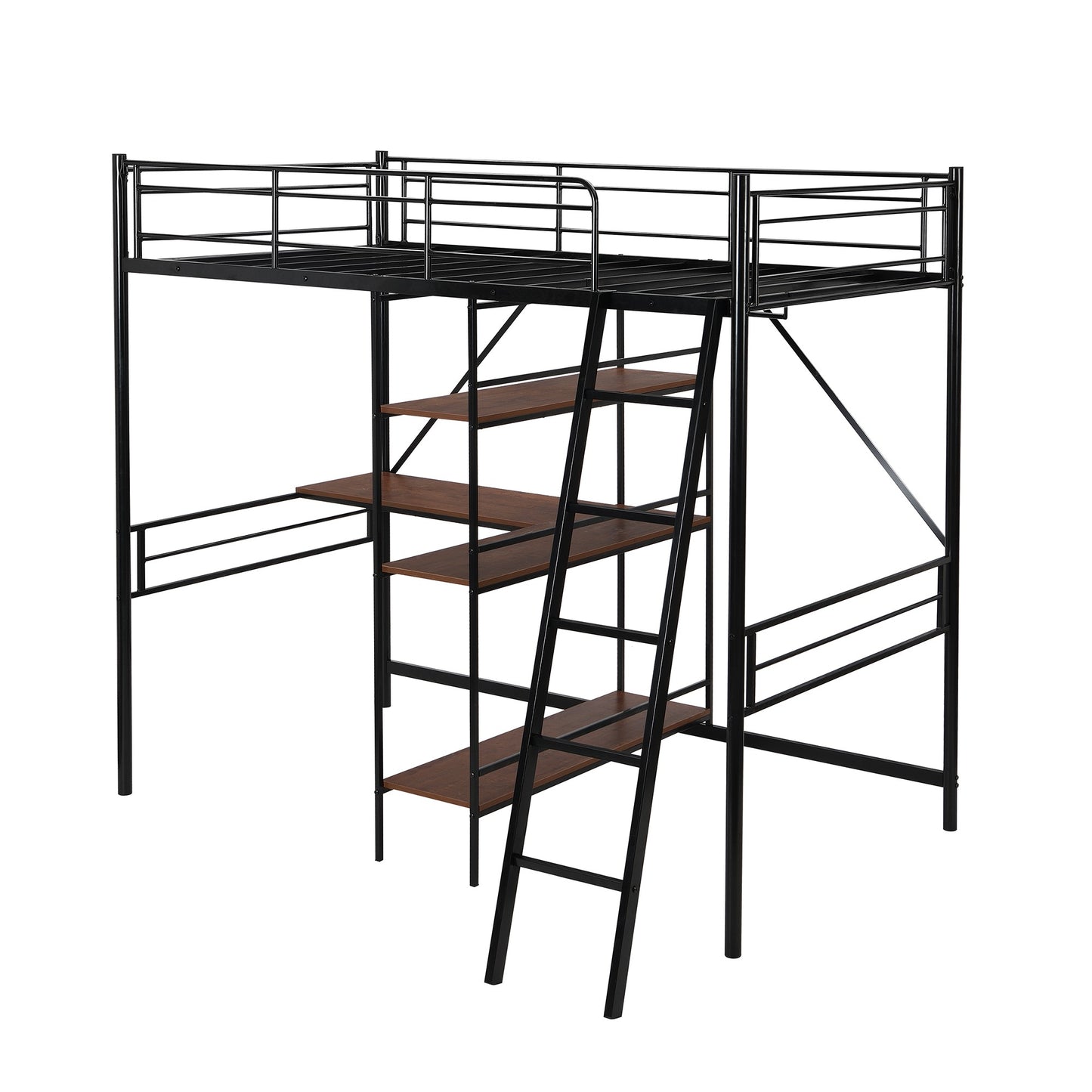 Black Twin Size Metal Loft Bed With Desk and Shelves